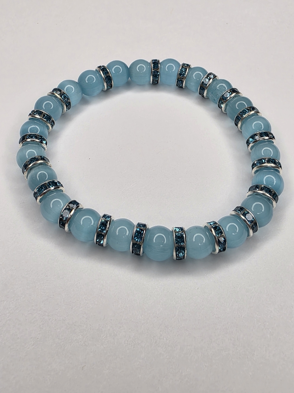Blue Cat Eye Beaded Stretch Bracelet with Blue Crystal Accent - Brand
